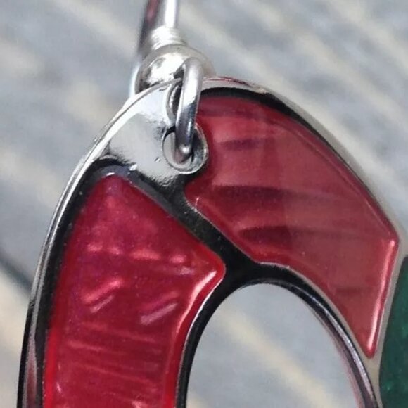 Vintage Edgar Berebi Oval Tropical Red Green Enamel Silver Tone Drop Earrings - Picture 5 of 7